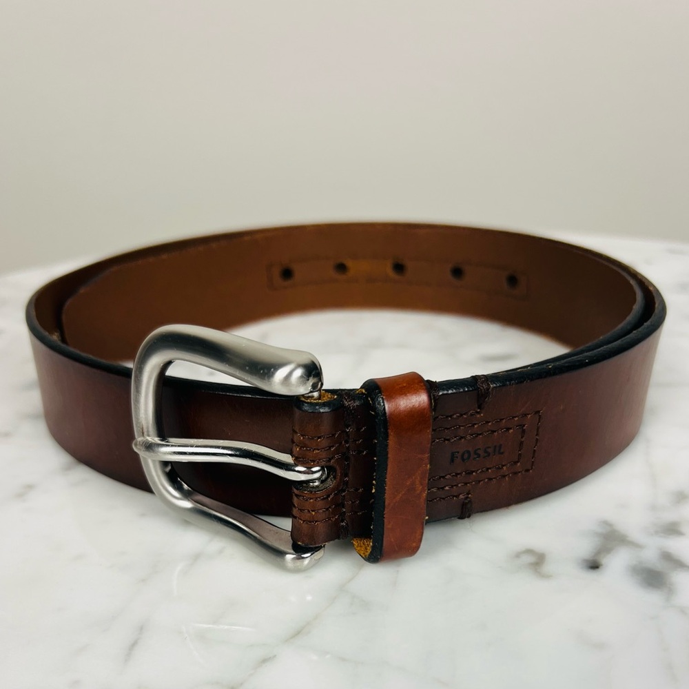 Fossil Genuine Leather Brown Belt | Size 85/34 | Silver Roller Buckle - Picture 2 of 13